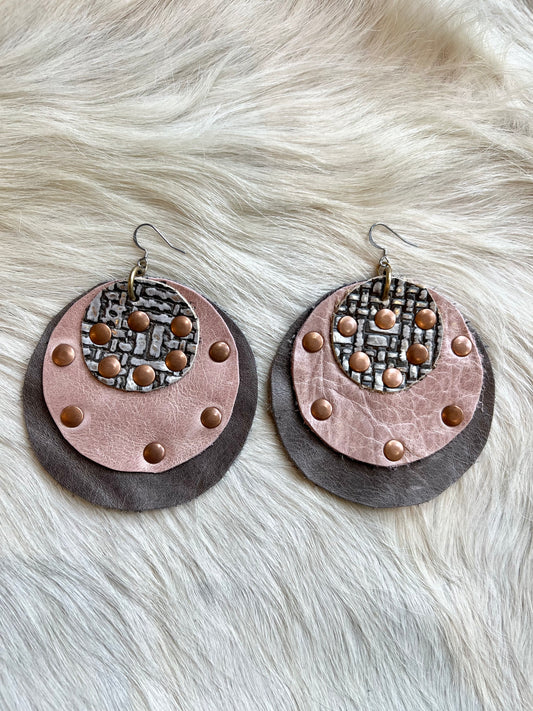 Pink, Grey and Nickel Leather Earrings