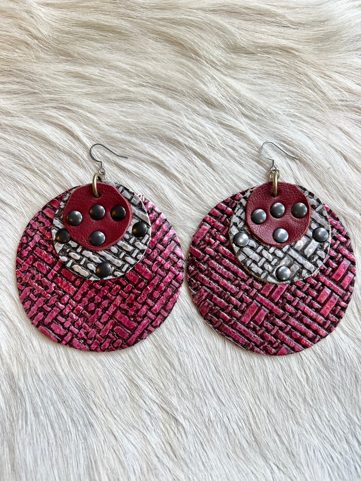 Metallic Red & Nickel Leather Earrings