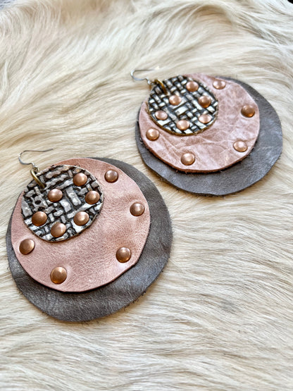 Pink, Grey and Nickel Leather Earrings