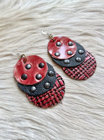 Red, Charcoal and Metallic Red Leather Earrings