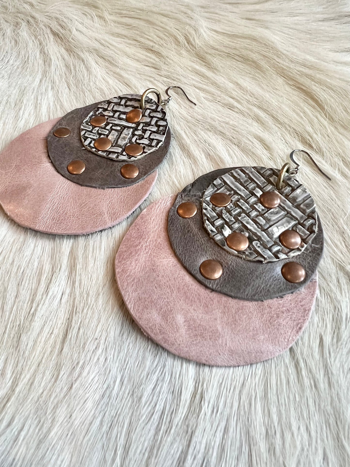 Nickel, Grey and Pink Leather Earrings