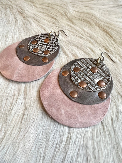 Nickel, Grey and Pink Leather Earrings