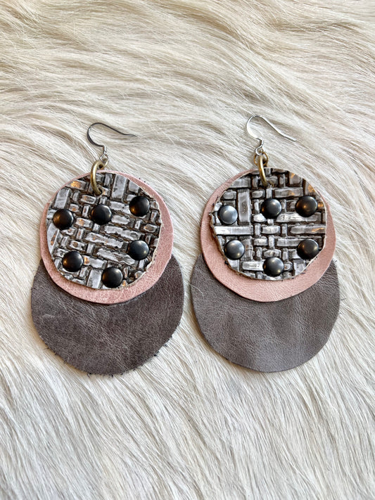 Nickel, Grey and Pink Leather Earrings