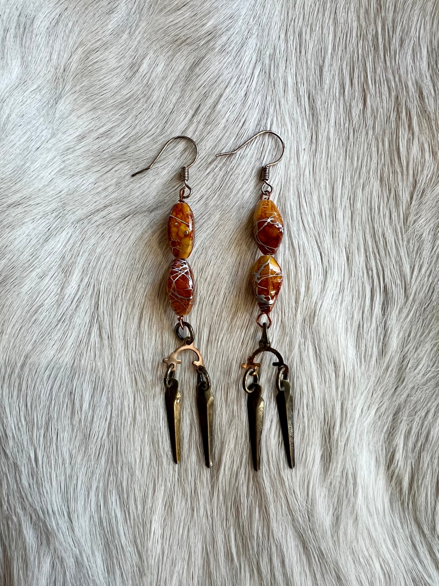 Orange Bead and Brass Dangle Earrings