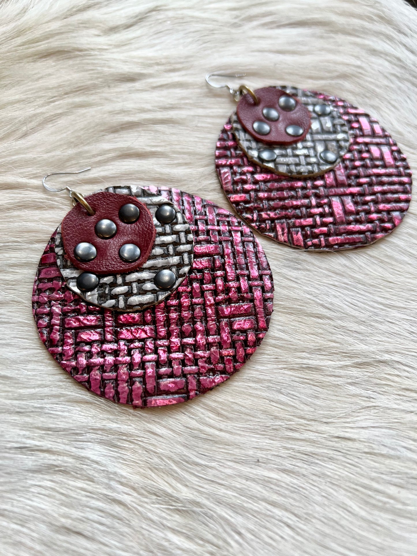 Metallic Red & Nickel Leather Earrings