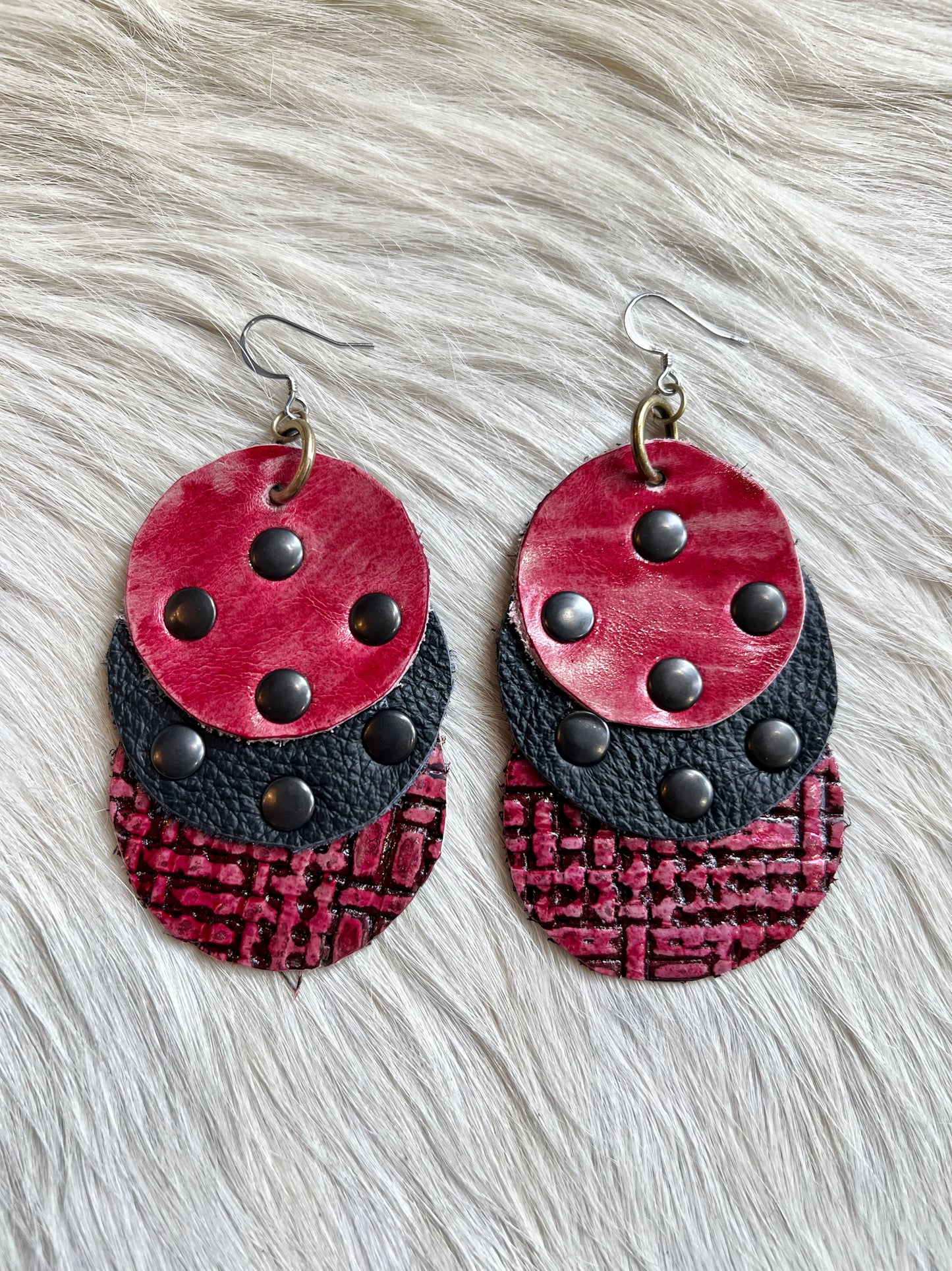 Red, Charcoal and Metallic Red Leather Earrings