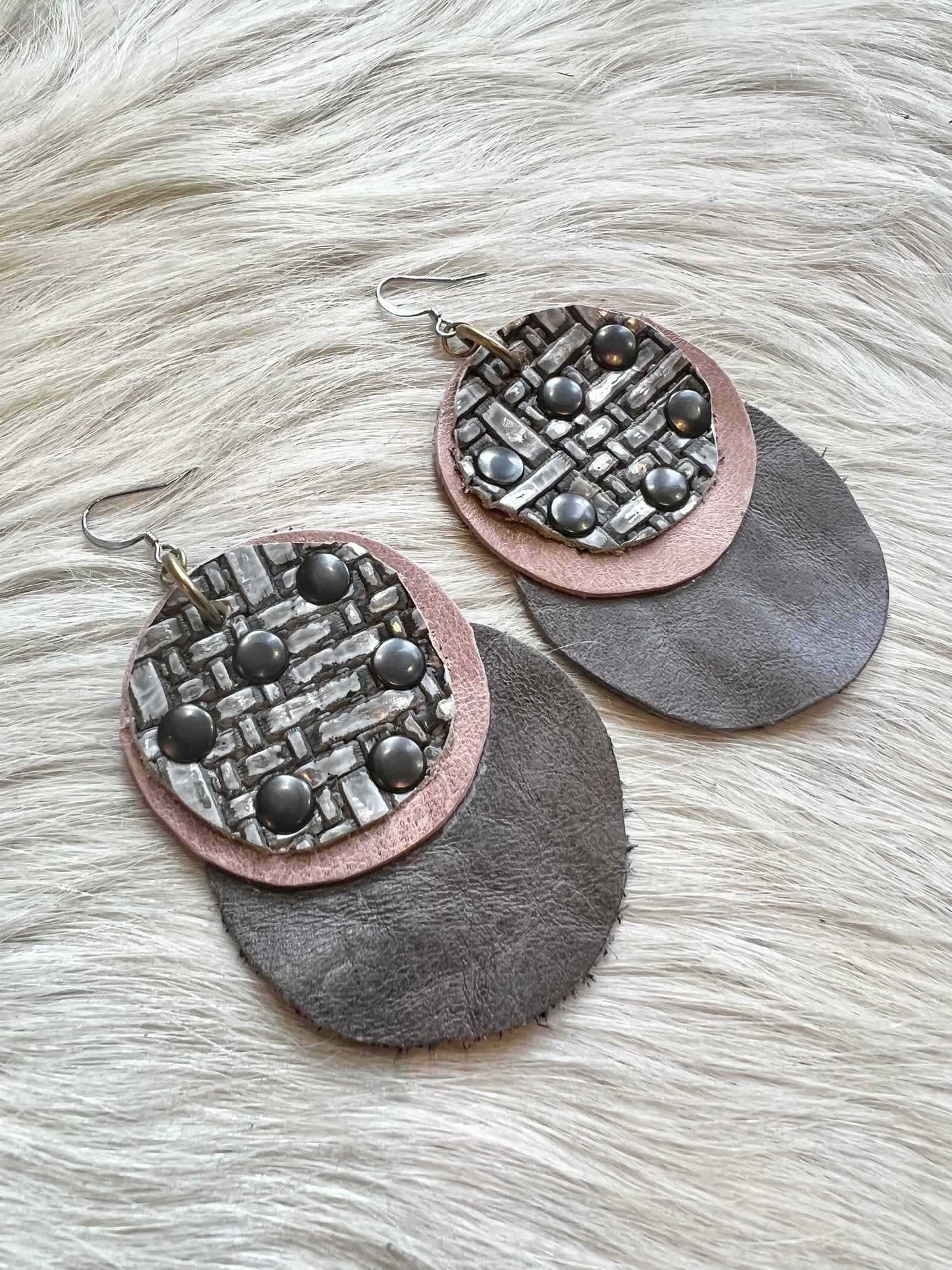 Nickel, Grey and Pink Leather Earrings