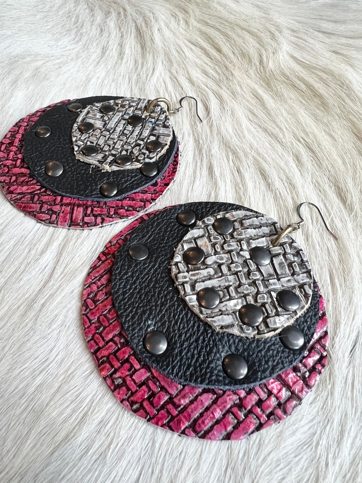 Nickel, Charcoal and Metallic Red Leather Earrings