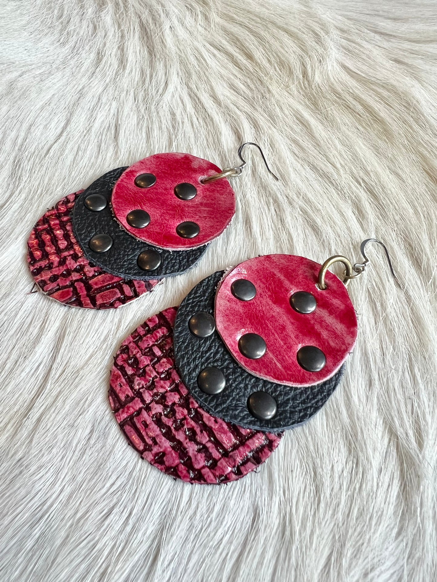 Red, Charcoal and Metallic Red Leather Earrings