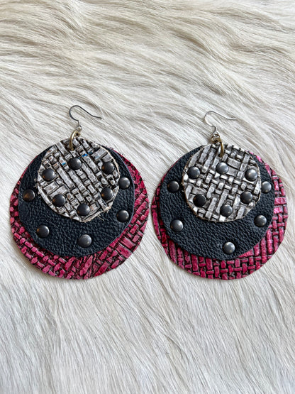 Nickel, Charcoal and Metallic Red Leather Earrings