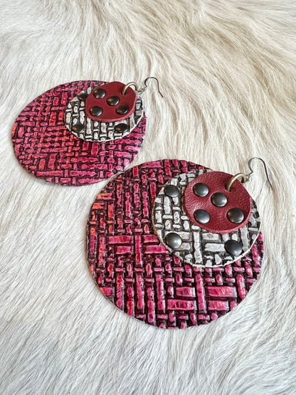 Metallic Red & Nickel Leather Earrings