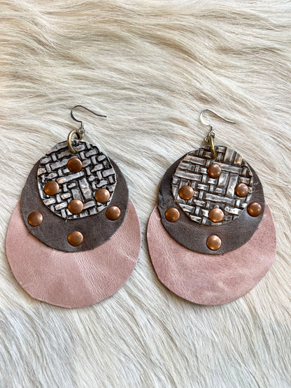 Nickel, Grey and Pink Leather Earrings