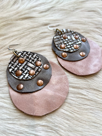 Nickel, Grey and Pink Leather Earrings