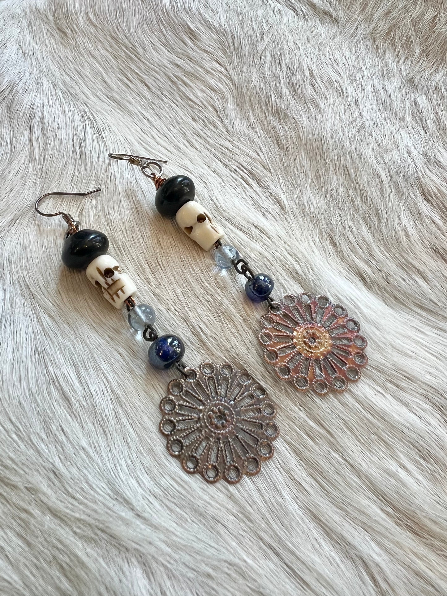 Mandala and Bone Bead Dangle Earrings