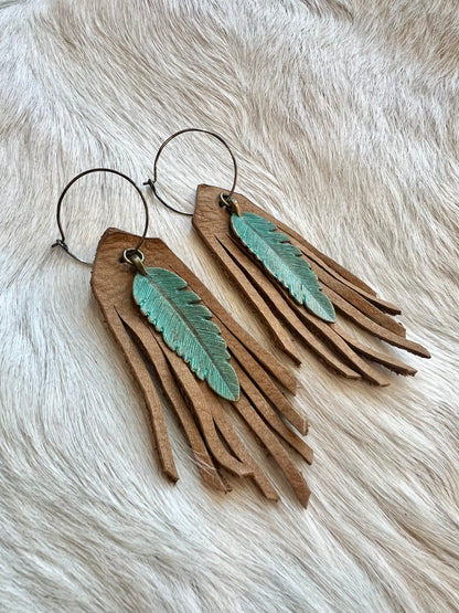 Metal Feather and Fringe Earrings