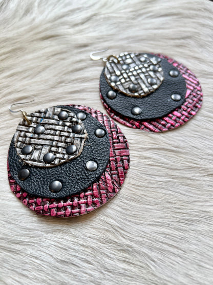 Nickel, Charcoal and Metallic Red Leather Earrings