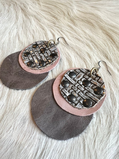 Nickel, Grey and Pink Leather Earrings