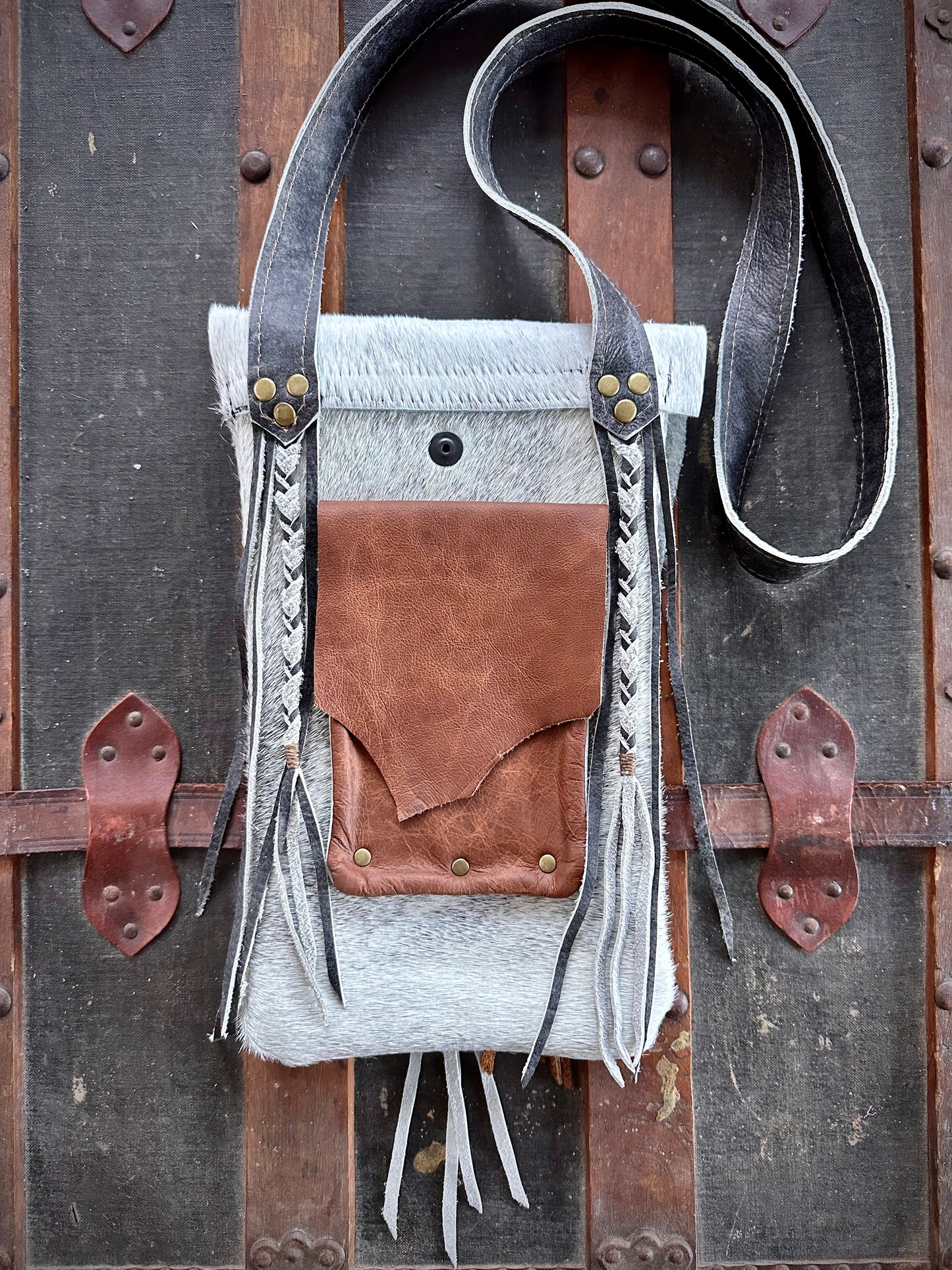 White and Grey Fur Cross-Body Purse (Long Lid)