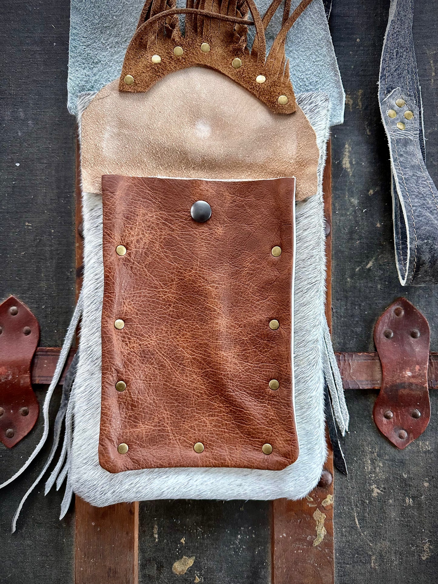 White and Grey Fur Cross-Body Purse (Geometric Lid)