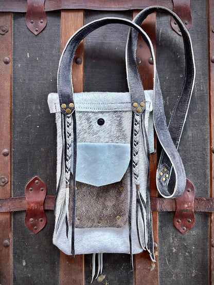 White and Grey Fur Cross-Body Purse (Geometric Lid)