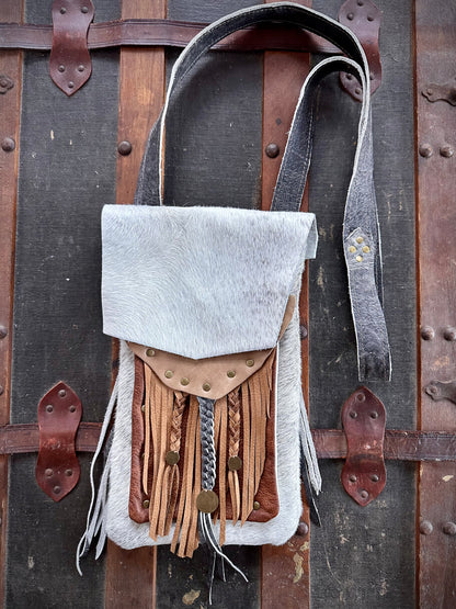 White and Grey Fur Cross-Body Purse (Geometric Lid)