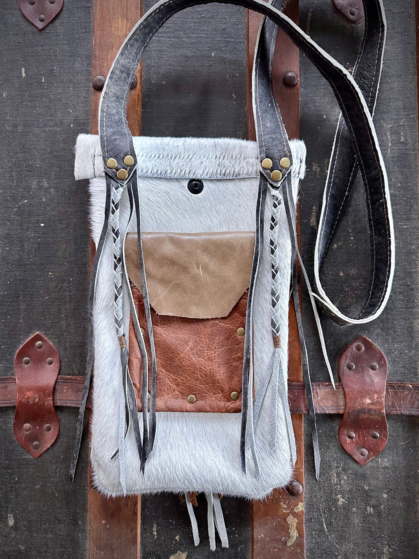 White and Grey Fur Cross-Body Purse (Short Rounded Lid)