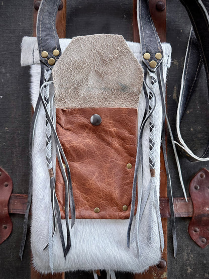 White and Grey Fur Cross-Body Purse (Short Rounded Lid)