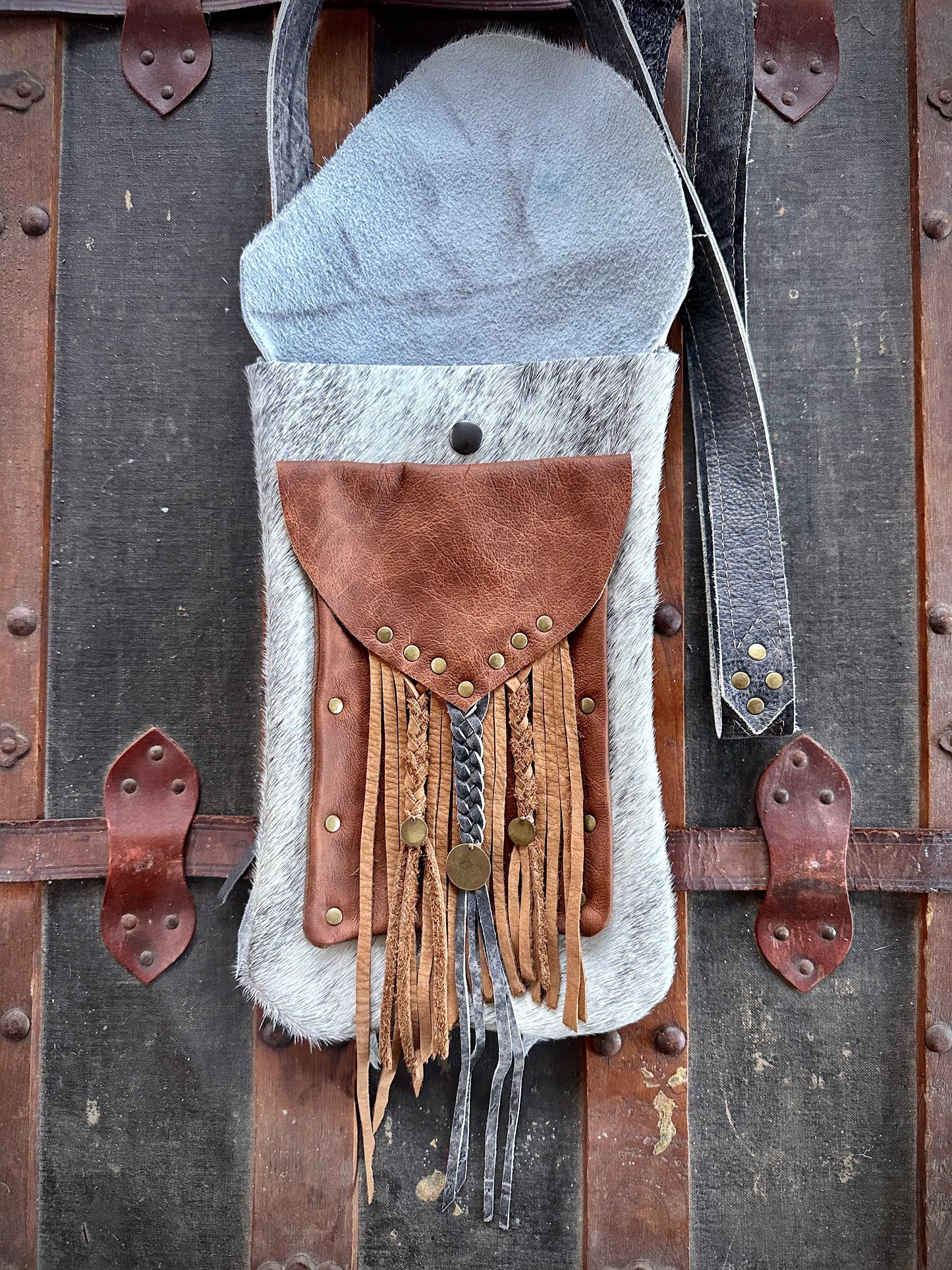 White and Grey Fur Cross-Body Purse (Asymmetrical Lid)