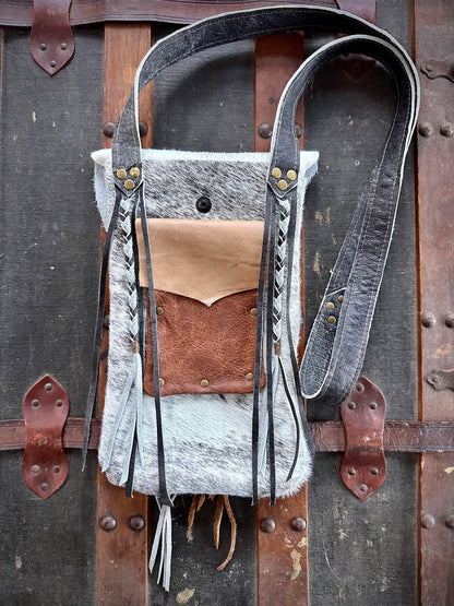 White and Grey Fur Cross-Body Purse (Asymmetrical Lid)