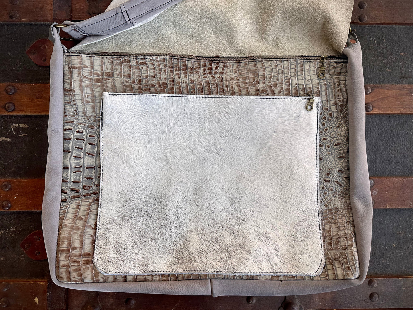 White Fur and Embossed Alligator Leather Messenger Bag (Rectangle Lid)