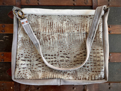 White Fur and Embossed Alligator Leather Messenger Bag (Rectangle Lid)