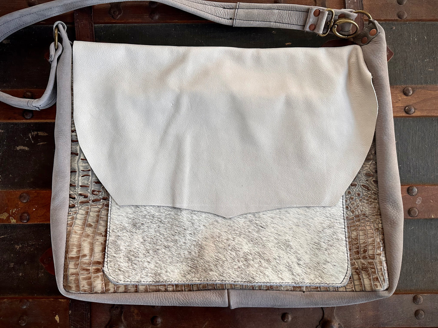 White Fur and Embossed Alligator Leather Messenger Bag (Rectangle Lid)