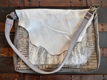 White Fur and Embossed Alligator Leather Messenger Bag (Raw Edges Lid)