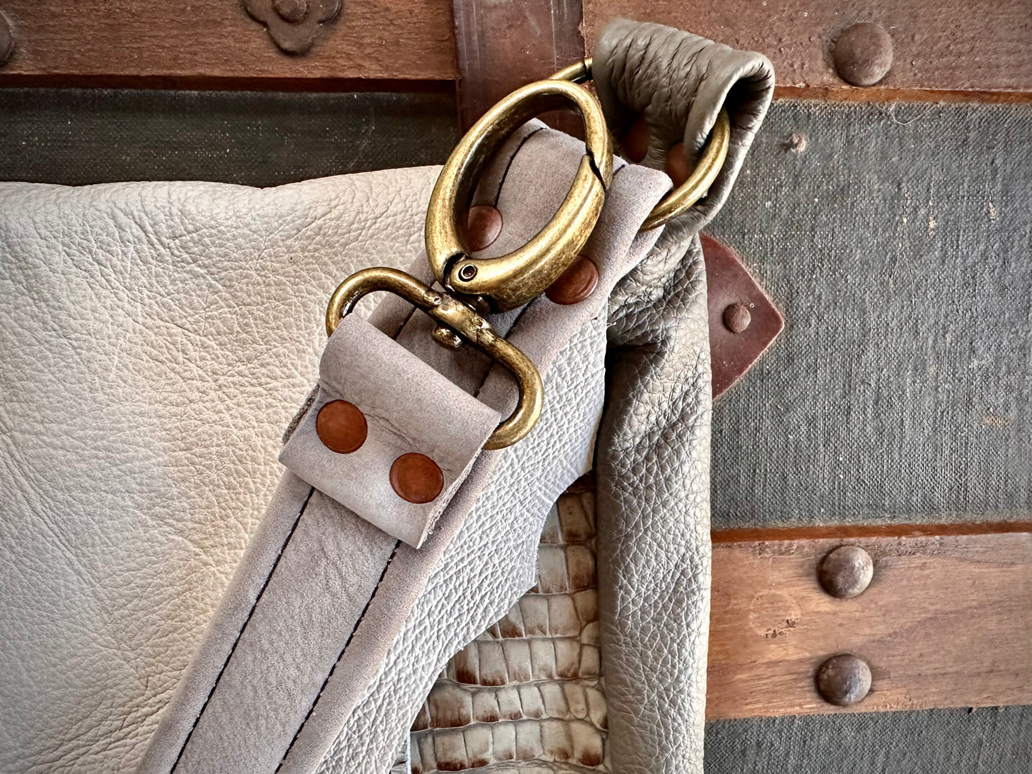 White Fur and Embossed Alligator Leather Messenger Bag (Raw Edges Lid)