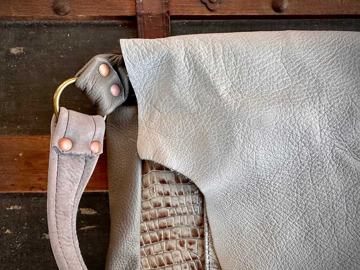 White Fur and Embossed Alligator Leather Messenger Bag (Raw Edges Lid)