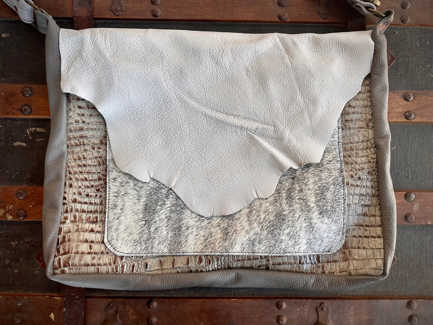 White Fur and Embossed Alligator Leather Messenger Bag (Raw Edges Lid)