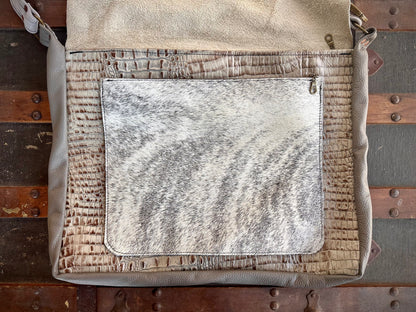 White Fur and Embossed Alligator Leather Messenger Bag (Raw Edges Lid)