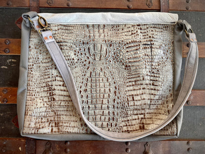 White Fur and Embossed Alligator Leather Messenger Bag (Raw Edges Lid)