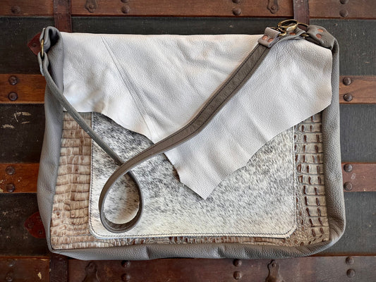 White Fur and Embossed Alligator Leather Messenger Bag (Dovetail Lid)