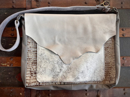 White Fur and Embossed Alligator Leather Messenger Bag (Triangle Lid)