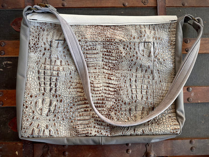 White Fur and Embossed Alligator Leather Messenger Bag (Triangle Lid)