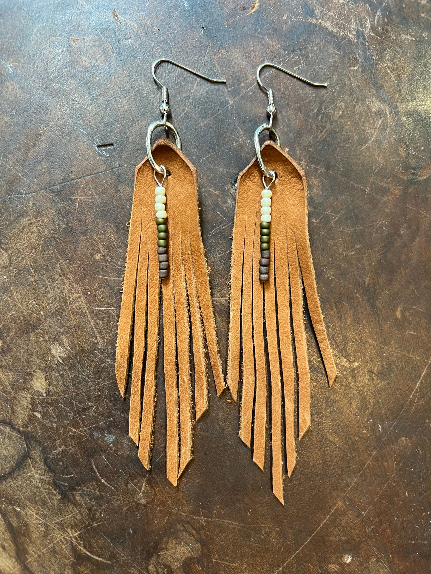 Beaded Leather Fringe Earrings