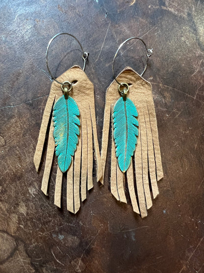 Feather Charm Leather Fringe Earrings