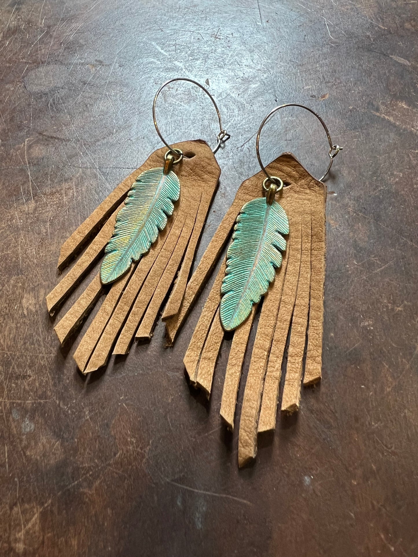 Feather Charm Leather Fringe Earrings