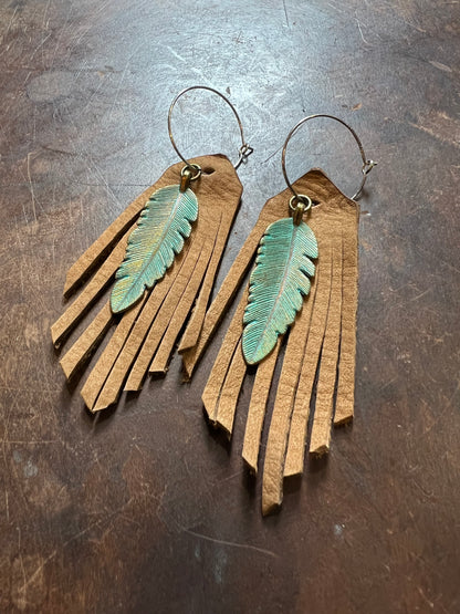 Feather Charm Leather Fringe Earrings