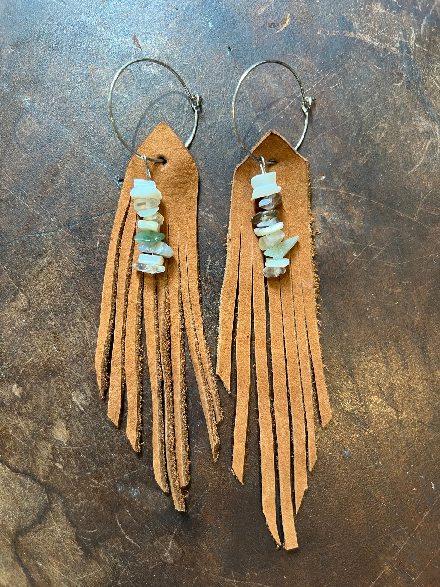 Glass & Shell Leather Fringe Earrings