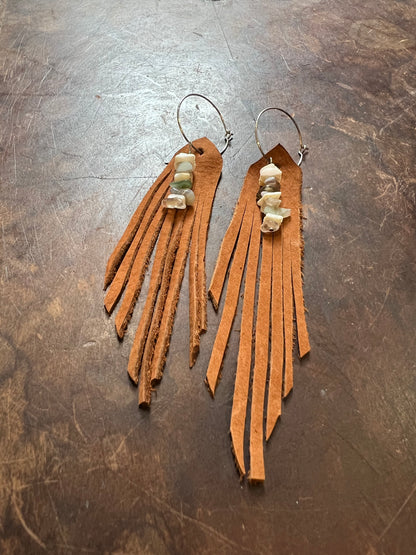 Glass & Shell Leather Fringe Earrings