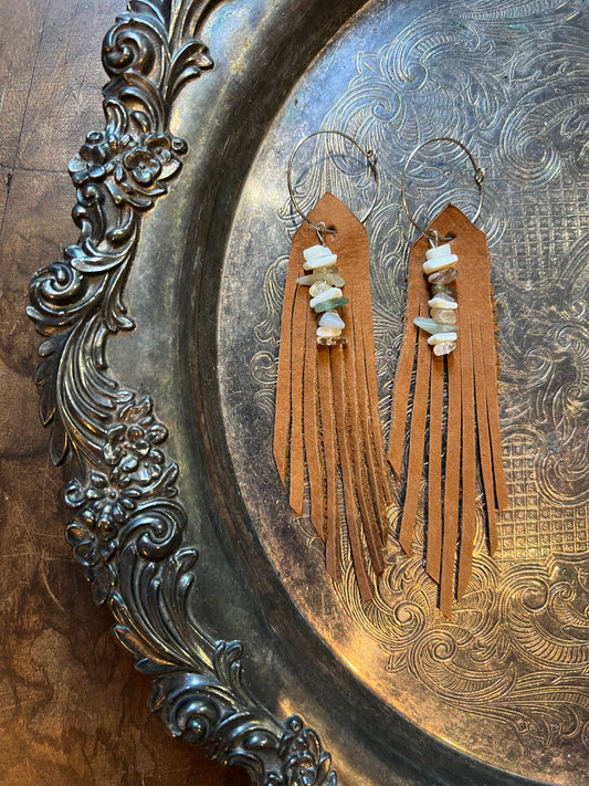 Glass & Shell Leather Fringe Earrings