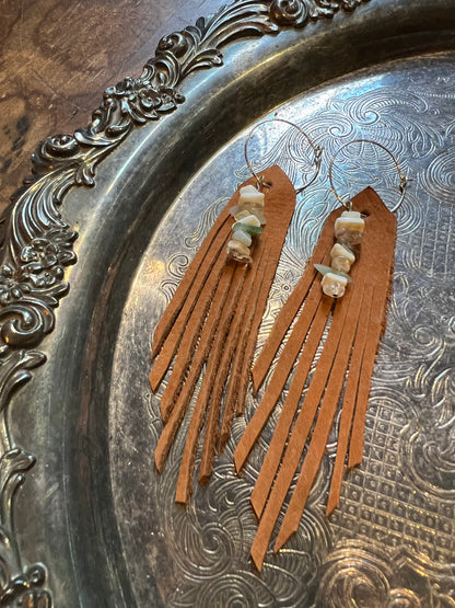 Glass & Shell Leather Fringe Earrings