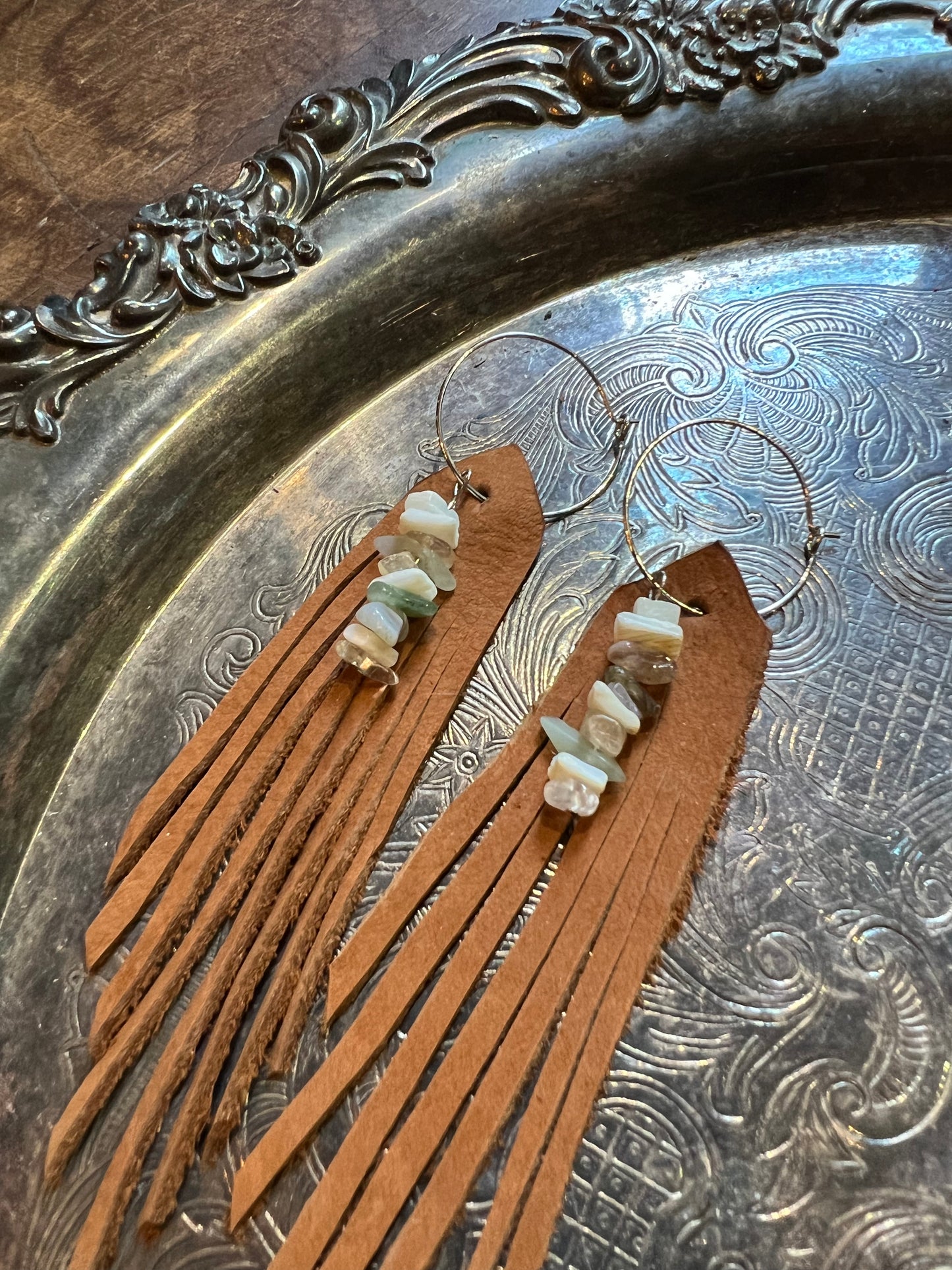 Glass & Shell Leather Fringe Earrings